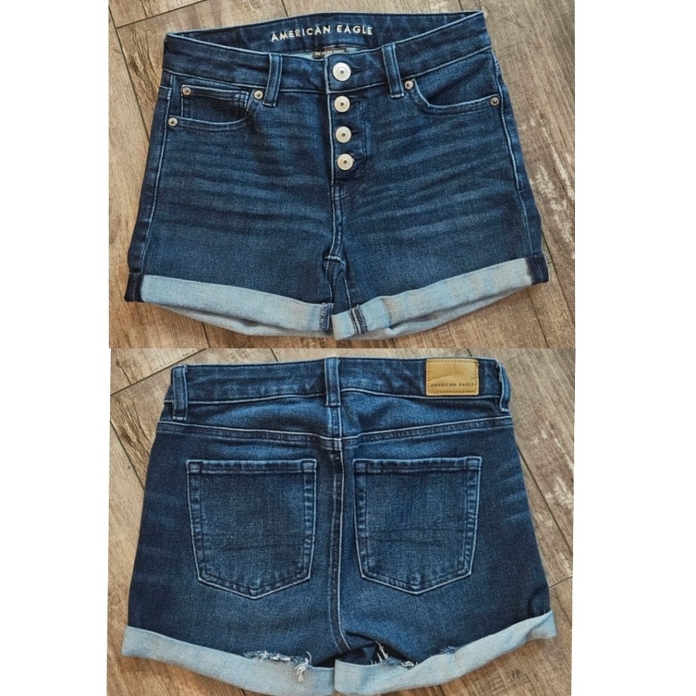 American Eagle Outfitters Dark Blue Denim High-Rise Button Fly Jean Shorts